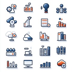 Pixel art icons depicting data, cloud computing, networking, and server infrastructure. The style is minimalist with orange and blue color palettes.