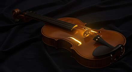 Fototapeta premium An elegant wooden violin lying on dark velvet fabric. A soft, ethereal neon glow (warm gold color) emanates from within the f-holes of the instrument, suggesting magical music