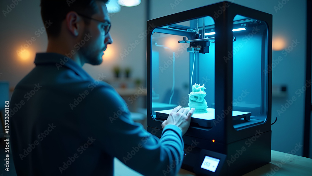 Wall mural photo realistic double exposure of a person using a 3d printer interface with 3d printer symbolizing