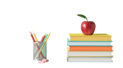 Back to School Still Life: Books, Apple, Pencils, and Eraser on White Background for Education, Learning, and Teacher Appreciation