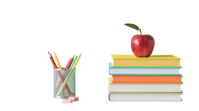Back to School Still Life: Books, Apple, Pencils, and Eraser on White Background for Education, Learning, and Teacher Appreciation