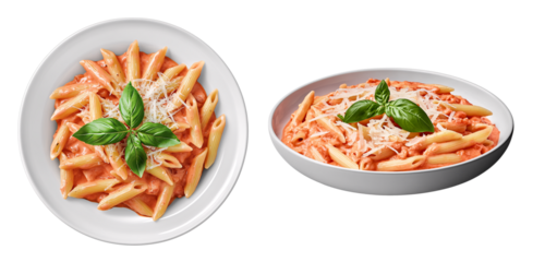 Penne alla Vodka pasta in a pink tomato cream sauce with parmesan and basil isolated on transparent background, pasta dish bundle