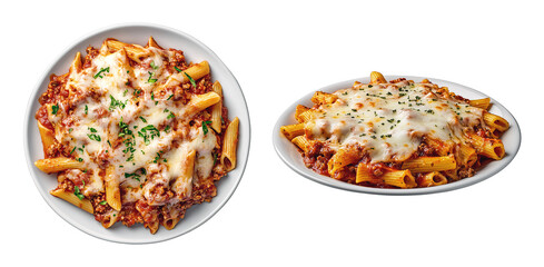 Baked Ziti pasta with meat sauce and melted cheese isolated on transparent background, pasta dish bundle
