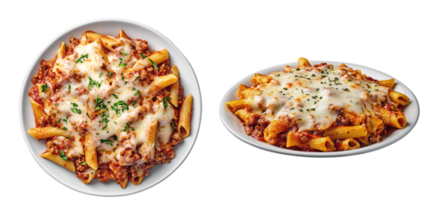 Baked Ziti pasta with meat sauce and melted cheese isolated on transparent background, pasta dish bundle