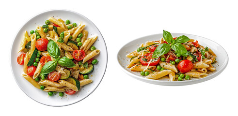 Pasta primavera with penne, peas, zucchini and cherry tomatoes isolated on transparent background, pasta dish bundle