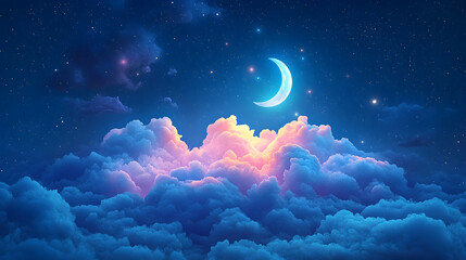 A crescent moon glows over fluffy colorful clouds at night