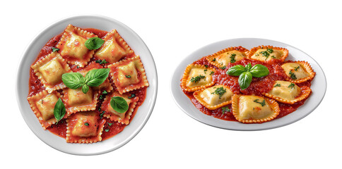 Ravioli pasta with tomato sauce and basil garnish isolated on transparent background, pasta dish bundle