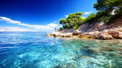 Fototapeta premium Clear turquoise water laps a rocky shoreline, where lush green vegetation thrives under a vibrant blue sky. Bright sunlight illuminates the scene.