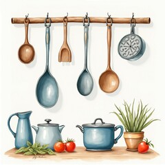 Rustic Kitchen Utensils Hanging on Wooden Rack with Enamelware and Herbs