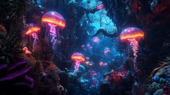 Photorealistic 3d render of glowing jellyfish in a dreamy underwater coral reef scene - Powered by Adobe