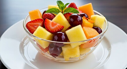 A Fruit Salad Bowl With Vibrant Colors Against a Clean White Plate