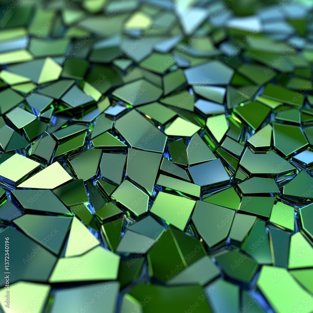 Poster abstract background of shattered metallic green and blue fragments. close up view of sharp, angular 