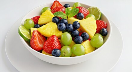 A Fruit Salad Bowl With Vibrant Colors Against a Clean White Plate