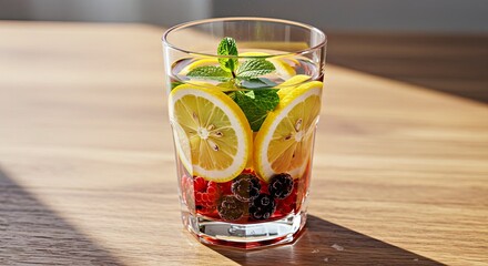 Fototapeta premium A Glass of Fruit-Infused Water With Lemon, Mint, and Berries
