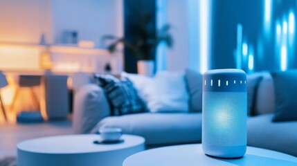 A next gen AI powered digital assistant, organizing and managing smart home devices, futuristic living room