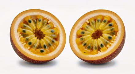 A halved passion fruit showing its vibrant pulp and seeds