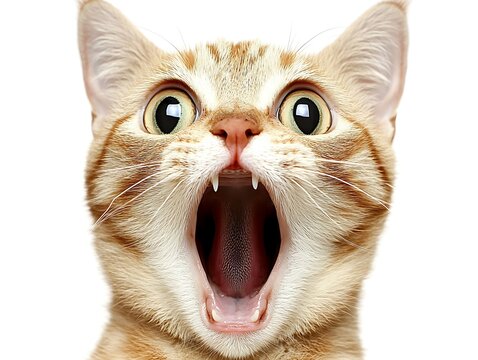 An orange tabby cat is wide eyed and open mouthed