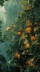 Fototapeta premium Asian Mountain Village with Traditional Pagoda Houses Built into Cliffside with Glowing Windows, Fantasy Digital Art Wallpaper