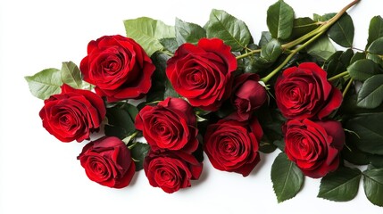 Obraz premium Three Fresh Red Roses with Green Leaves Isolated on White Background, Top View.