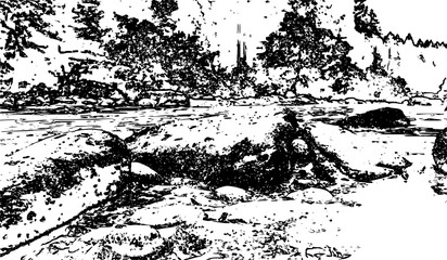 Naklejka premium Line art rock in the river
