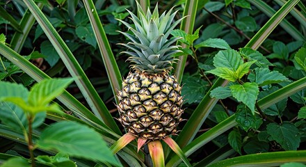 A Pineapple With Its Crown Intact, Surrounded by Tropical Leaves