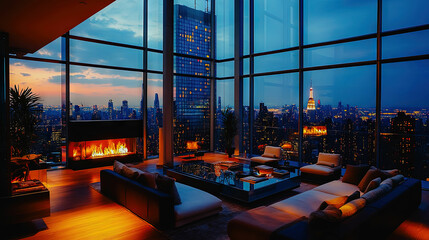 Luxury penthouse apartment interior design with city skyline view