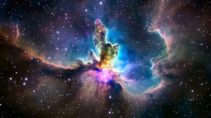 Naklejka premium Cosmic clouds of gas and dust illuminate the vast expanse of space, showcasing a vibrant nebula with swirling colors and brilliant stars.