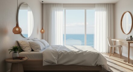Coastal bedroom with ocean view featuring modern decor and natural light during daylight hours