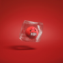 Face with symbols on mouth emoji with angry face inside ice cube. Swearing or being vulgar face emoticon frozen in ice lump. Serious face emoticon frozen in ice block 3d render illustration.