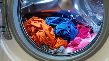 Brightly colored clothes are being washed in a front-loading washing machine. Water swirls around the garments, creating foam. This activity takes place in a comfortable home setting