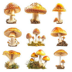 Colorful mushrooms in various shapes and sizes on transparent background