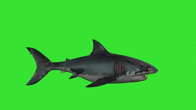 Side view shark in marine water green screen or chroma key video clip background