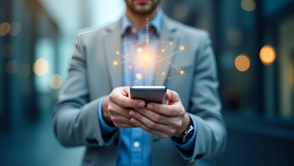 Photo Realistic Double Exposure of a Person and Smartphone: Symbolizing Connectivity and Innovation in Mobile Technology with Copy Space for Creative Use