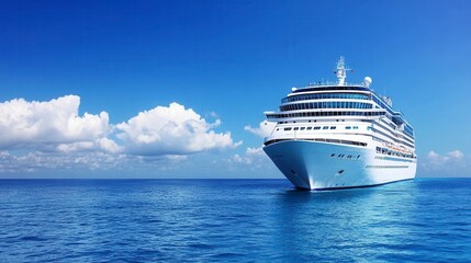 Naklejka premium Large cruise ship on calm blue ocean under a bright sunny sky with fluffy white clouds. The vessel is white with multiple decks and windows.