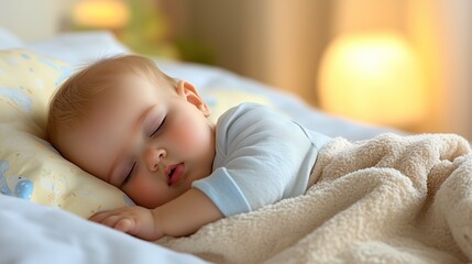 baby enjoys a deep sleep in a cozy bed, surrounded by soft pillows and blankets. Morning light gently fills the room, creating a calm and serene environment