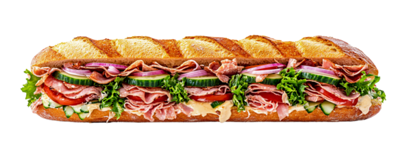 Italian sub sandwich with salami, pepperoni, ham, and fresh vegetables on a baguette, isolated on transparent background