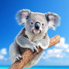 Naklejka premium Adorable koala bear perched on a tree branch against a vibrant blue sky and turquoise water. The koala's fluffy fur and expressive face are highlighted.