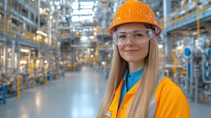 A woman wearing a bright orange hard hat and protective glasses stands proudly in a large industrial plant filled with machinery. She represents safety and professionalism in her environment