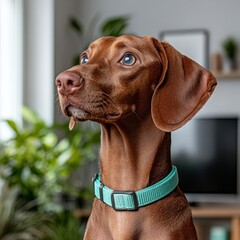 Close up portrait of a brown short haired dog wearing a light teal collar, looking attentively upward. Soft indoor lighting, blurred background with green plants and a TV.