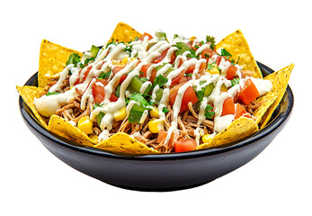 Pulled pork nachos isolated on a white background