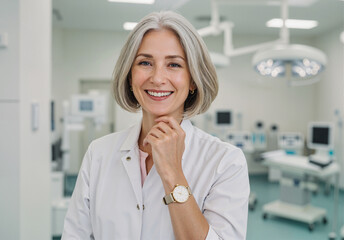 Confident doctor with a warm smile, stands in a modern, sterile operating room.