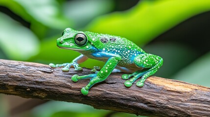 Obraz premium Vibrant green and blue frog perched on a dark brown branch, set against a blurred green background. Close up shot showcasing intricate details of the amphibian's skin and bright coloring.
