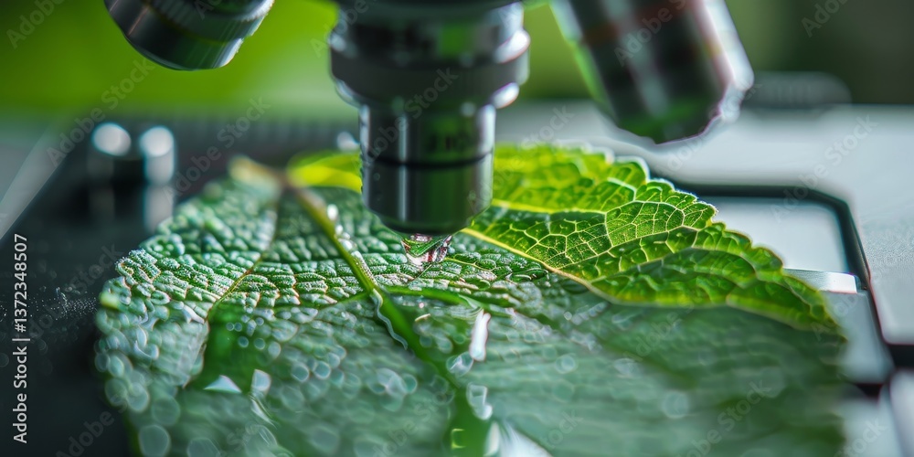 Aufkleber green leaf under a microscope in a botanical laboratory