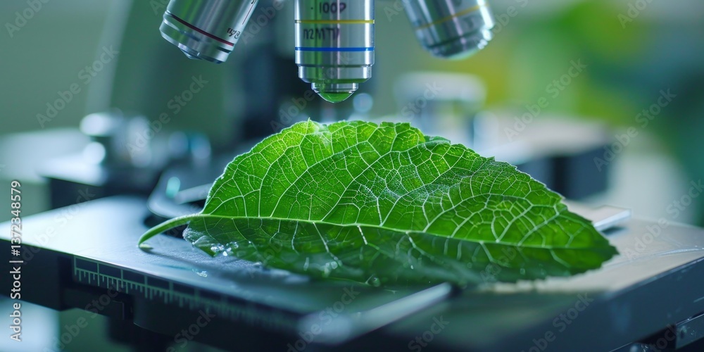 Poster green leaf under a microscope in a botanical laboratory