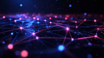Abstract network of connected dots and lines in blue and pink on a dark background