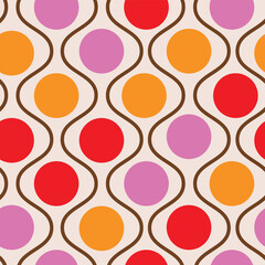 Retro mid century colorful circles on ogee shapes seamless pattern in orange, red and pink. For home décor, wallpaper and fabric
