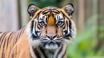 Close up of a majestic tiger with intense gaze, orange and black stripes, and a blurred green background. The tiger's fur appears detailed and its expression is serious.