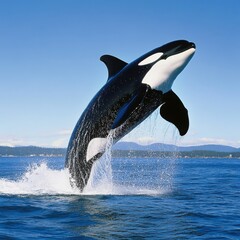 Fototapeta premium Black and white orca leaping from the ocean against a clear blue sky. Water splashes around it.