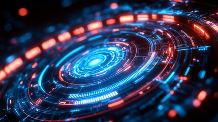 Obraz premium Abstract glowing blue and red circular digital technology background with lines