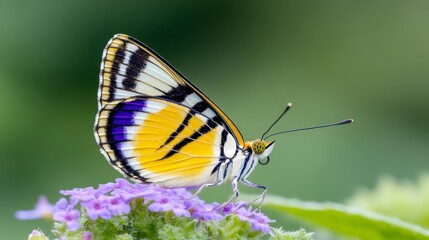 Obraz premium Close up of a yellow and black butterfly with purple accents perched on vibrant purple flowers, soft green background. 